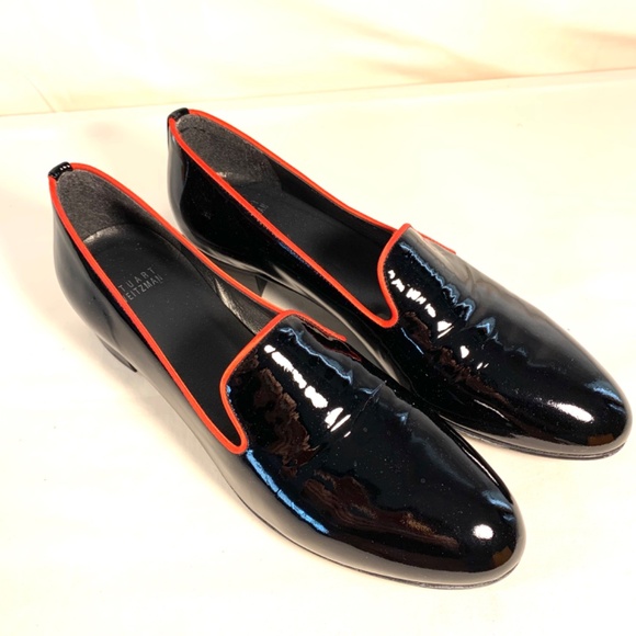 Stuart Weitzman Sleek Black Patent Leather Loafers with Red Piping Accent Size 9 - Picture 3 of 11